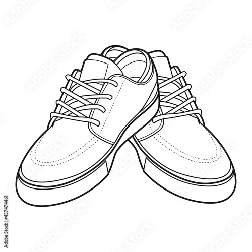 Shoes sneaker outline drawing vector, Sneakers drawn in a sketch style, black line sneaker trainers template outline, Set Collection. vector Illustration.