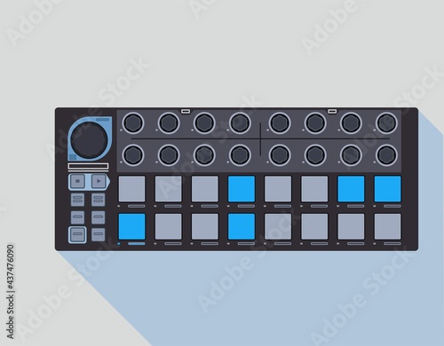 Midi studio controller, vector illustration. Beat Step tools. Electronic sequencer. Equipment for DJs. Beatboxing device. Pictures on the theme of night clubs and parties. Suitable picture for T-shirt