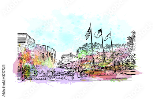 Building view with landmark of Fort Worth is a city in North Central Texas.. Watercolor splash with hand drawn sketch illustration in vector.