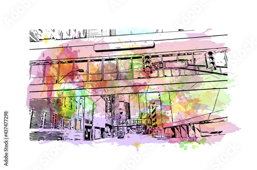 Building view with landmark of Fort Worth is a city in North Central Texas.. Watercolor splash with hand drawn sketch illustration in vector.