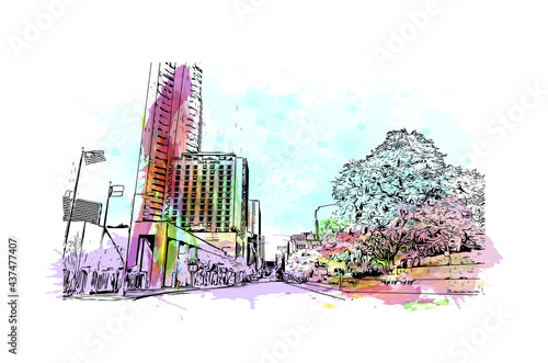 Building view with landmark of Fort Worth is a city in North Central Texas.. Watercolor splash with hand drawn sketch illustration in vector.