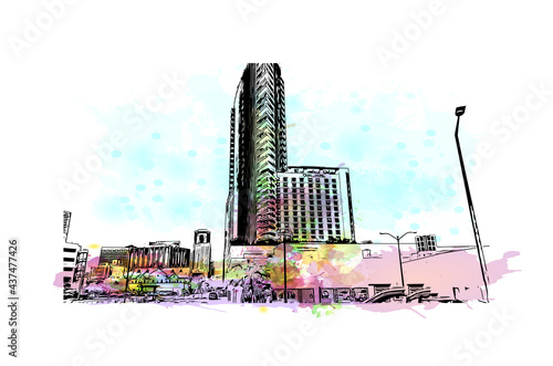 Building view with landmark of Fort Worth is a city in North Central Texas.. Watercolor splash with hand drawn sketch illustration in vector.