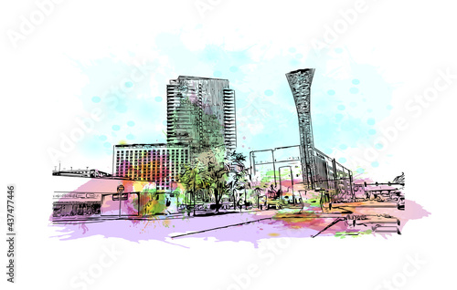 Building view with landmark of Fort Worth is a city in North Central Texas.. Watercolor splash with hand drawn sketch illustration in vector.