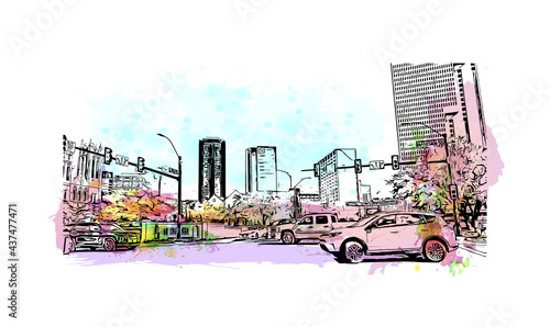 Building view with landmark of Fort Worth is a city in North Central Texas.. Watercolor splash with hand drawn sketch illustration in vector. photo