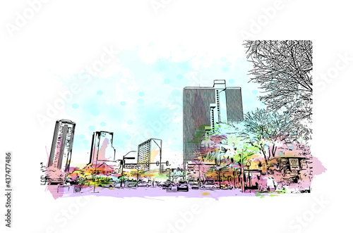 Building view with landmark of Fort Worth is a city in North Central Texas.. Watercolor splash with hand drawn sketch illustration in vector.