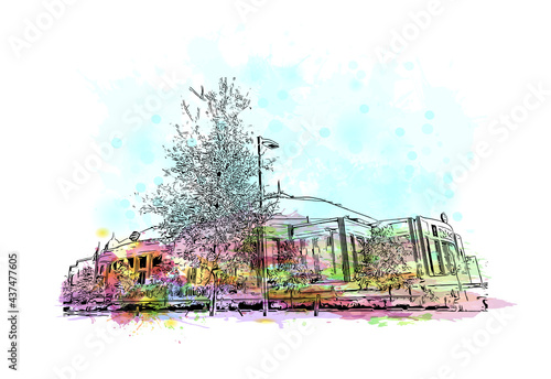 Building view with landmark of Fort Worth is a city in North Central Texas.. Watercolor splash with hand drawn sketch illustration in vector.