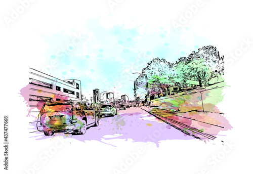 Building view with landmark of Fort Worth is a city in North Central Texas.. Watercolor splash with hand drawn sketch illustration in vector.
