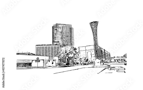 Building view with landmark of Fort Worth is a city in North Central Texas.. Hand drawn sketch illustration in vector.