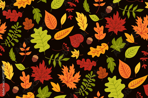 Autumn leaves seamless pattern, hand drawn trendy cartoon textile. Flat rustic doodle leaf paper texture. Fall leave scrapbook wallpaper. Autumn clip art vector on black background
