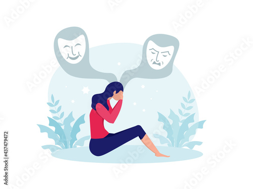 Bipolar disorder, Woman suffers from hormonal with a change in mood. Mental health vector illustration