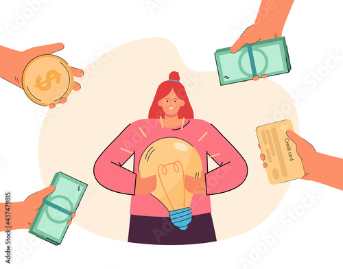 Woman surrounding by hands with money holding light bulb. Girl having creative idea how to earn cash flat vector illustration. Income, earning concept for banner, website design or landing web page.
