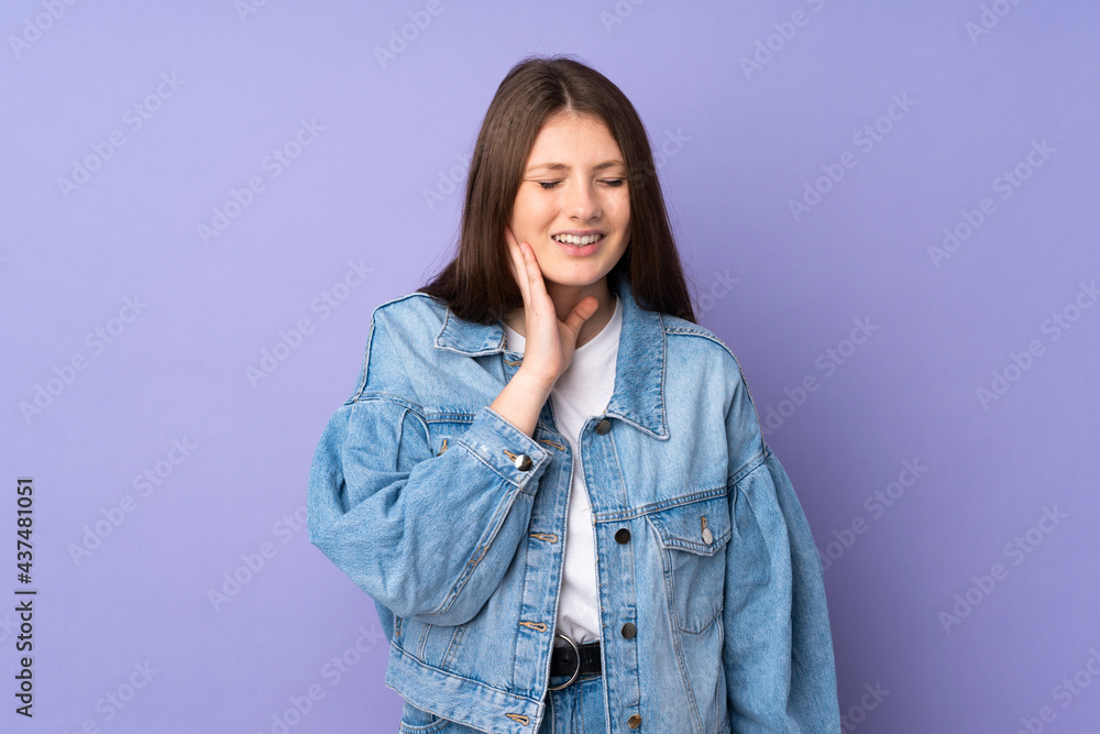 Teenager caucasian girl isolated on purple background with toothache Teenager caucasian girl isolated on purple background with toothache