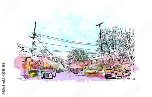 Building view with landmark of Grand Rapids is the 
city in Michigan. Watercolor splash with hand drawn sketch illustration in vector.