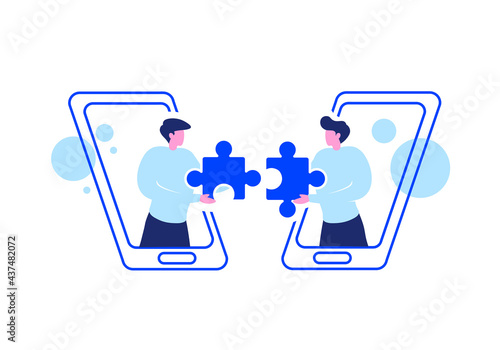 Online Collaboration - Amazing illustration of online working environment of two company that find a match suitable for website and apps - Vector Flat Illustration