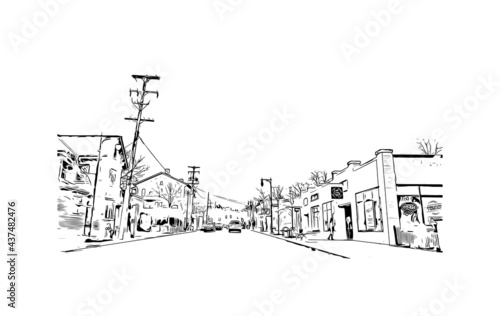 Building view with landmark of Grand Rapids is the 
city in Michigan. Hand drawn sketch illustration in vector.