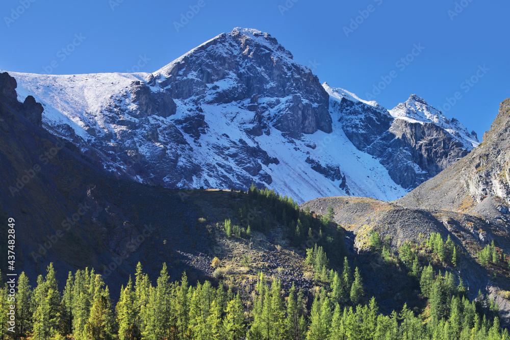 Snow-covered mountain tops on a summer