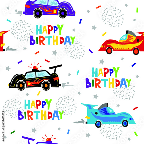 happy birthday text with colorful super cars for party invitation and any decoration