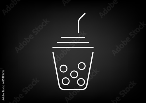 Food and drink logo. Minimalistic white line art cup of bubble milk tea with black jelly pearl, boba illustration on black background, banner.