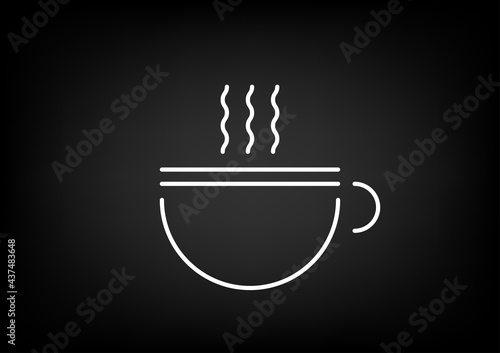 Food and drink logo. Minimalistic white line art hot cup of coffee or tea illustration on black background, banner.