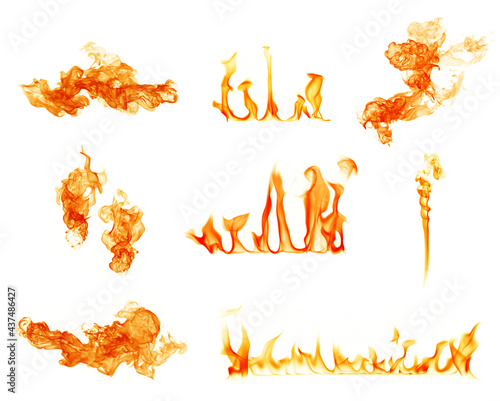 Fire flames collection on a white background.