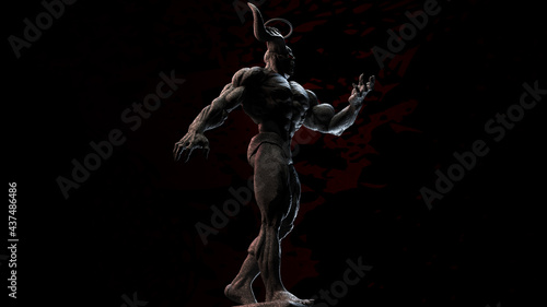 3D composite illustration of Kronos. A man with a skull head, with two horns. 3D rendering. Skull Art © Aneek