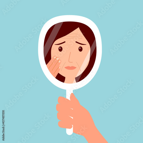 Young woman hand mirror worrying about her wrinkle on face in flat design. Wrinkle aging problem on female skin.