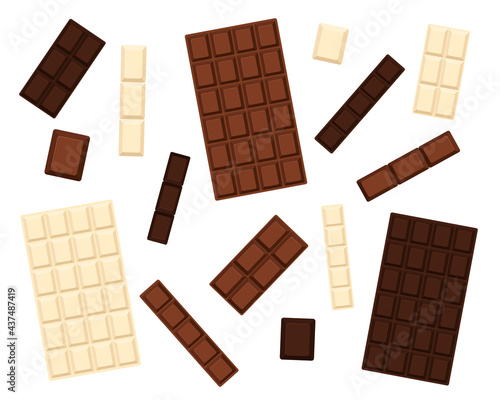Vector set of different chocolate bars. Sweets in a cartoon style. White, milk, bitter chocolate isolated on white background
