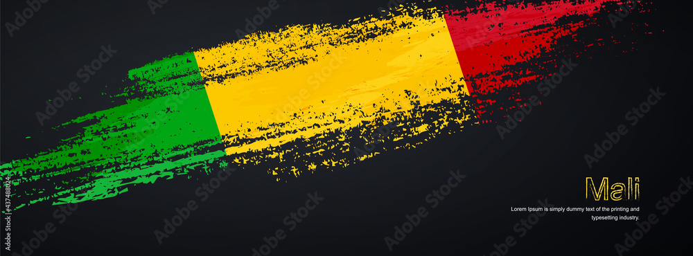 Obraz premium Grunge brush of Mali flag on shiny black background. Creative glitter sparkle brush paint vector illustration