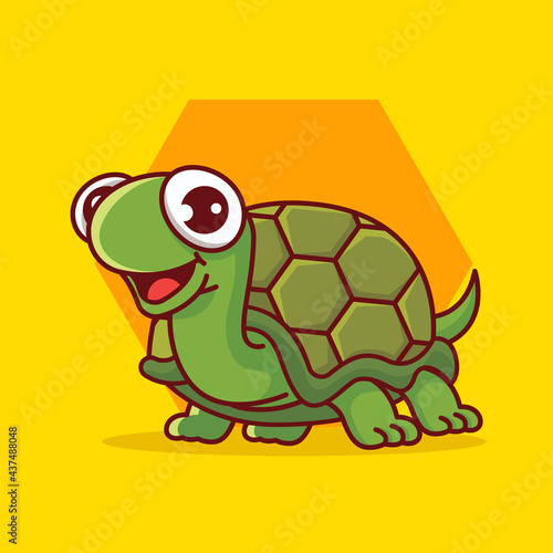 Cartoon cute smiling tortoise crawling on hexagon background 