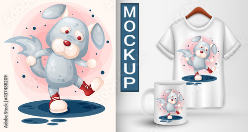 Dog tries on sneakers. Illustration