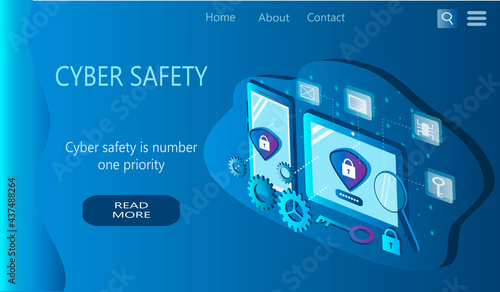vector illustration, banner for site on the theme of antivirus for computers and data protection. laptop and smartphone on the screen of which there is a shield with a lock.