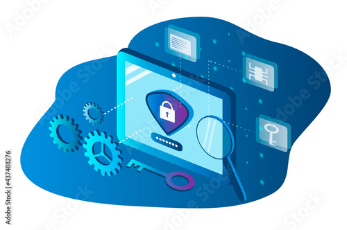 vector hand drawn illustration on the theme of antivirus for computers and data protection. laptop, on the screen of which there is a shield with a lock. trend illustration in flat style