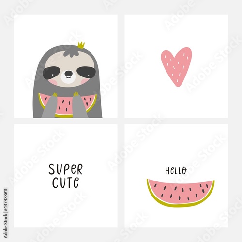 Cute sloth cartoon vector illustration. Wild sloth  in exotic tropical leaves. Hand drawn vector illustration for posters, cards, t-shirts.