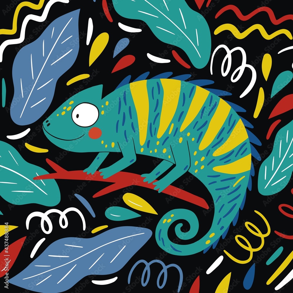 Fototapeta premium Cute hand drawn Cartoon chameleon. Summer vector print with cartoon chameleon. Doodle style design elements. 