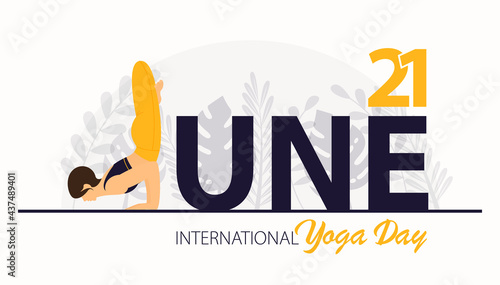 Beautiful woman doing yoga or asana for 21 June International Yoga Day Celebration poster or banner on flower background. 