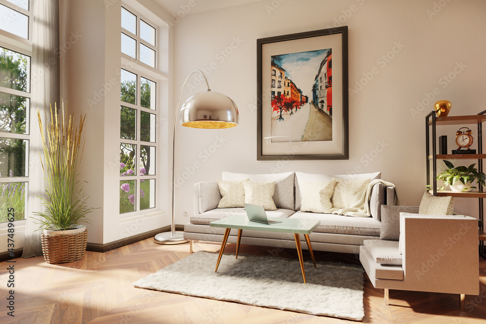 stylish minimalistic living room interior with scandinavian and industrial style decor; grey vintage sofa with teal coffee table and laptop; colorful watercolor painting on wall; 3D Illustration stylish minimalistic living room interior with scandinavian and industrial style decor; grey vintage sofa with teal coffee table and laptop; colorful watercolor painting on wall; 3D Illustration