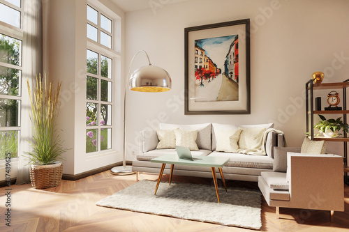 stylish minimalistic living room interior with scandinavian and industrial style decor; grey vintage sofa with teal coffee table and laptop; colorful watercolor painting on wall; 3D Illustration