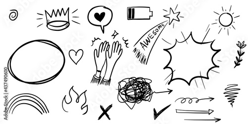 hand drawn set of curly swishes, swashes, swoops. Abstract arrows, Arrow, heart, love, star, leaf, sun, light, crown, king, queen, on doodle style for concept design. vector illustration.