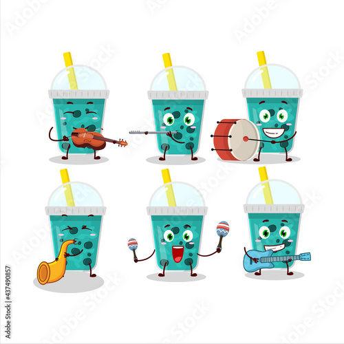 Cartoon character of taro milk with boba playing some musical instruments