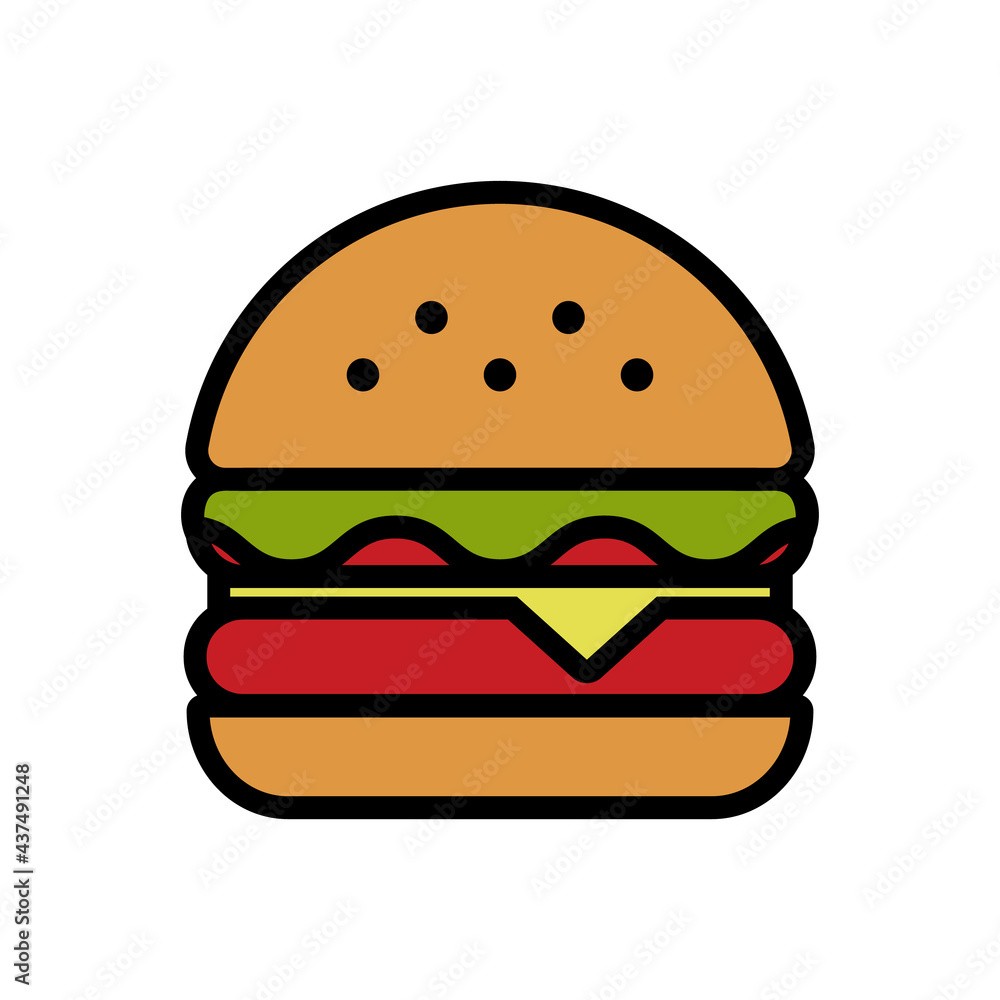 Burger Vector Icon in Filled Outline Style. Hamburger is a sandwich consisting of one or more cooked patties of ground meat, usually beef, placed inside a sliced bread roll or bun. Vector icon. Burger Vector Icon in Filled Outline Style. Hamburger is a sandwich consisting of one or more cooked patties of ground meat, usually beef, placed inside a sliced bread roll or bun. Vector icon.
