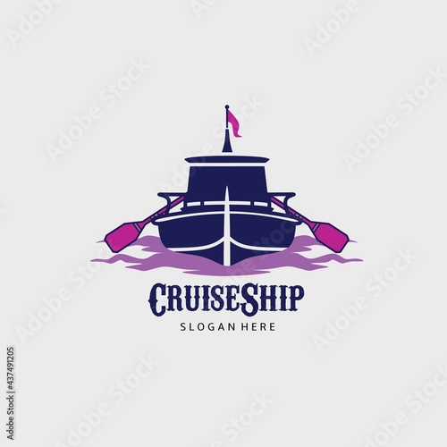 Logo of a cruise ship with abstract sea waves and paddles in front view. Vector illustration of water transportation. Sea and nautical design elements