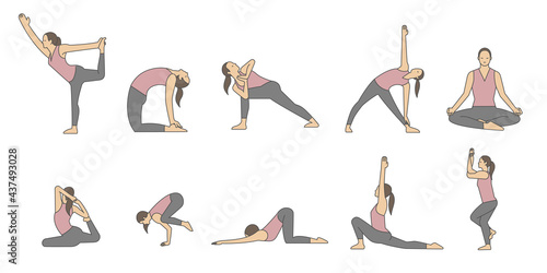 ヨガのポーズ　イラストレーションセット　女性