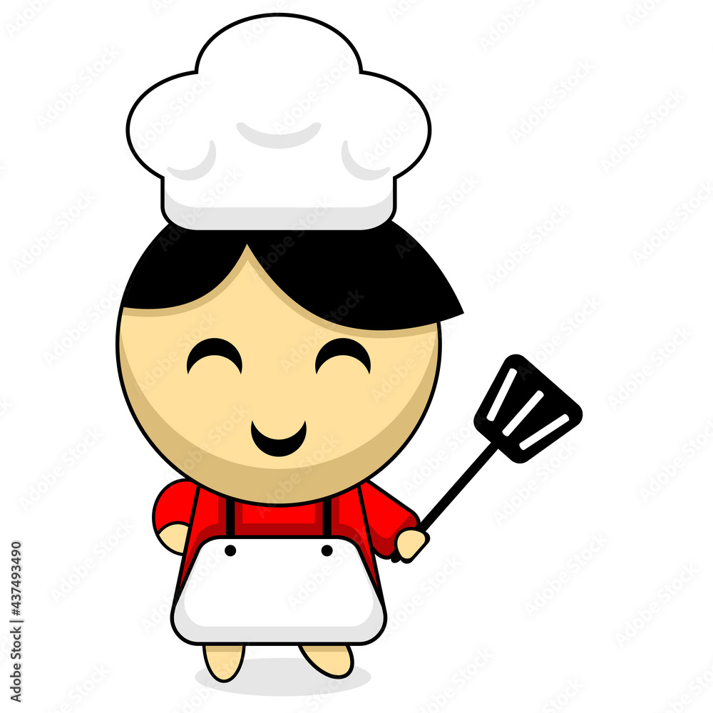 cartoon illustration of cute boy chef mascot character holding a spatula cartoon illustration of cute boy chef mascot character holding a spatula