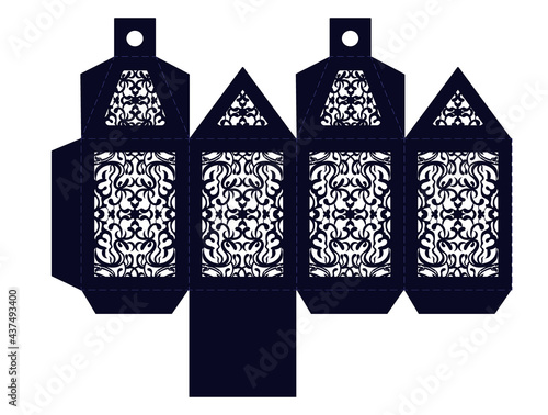Christmas lantern with openwork windows. DIY stencil for cutting and New Year's decor and gifts. Carved elements for decoration