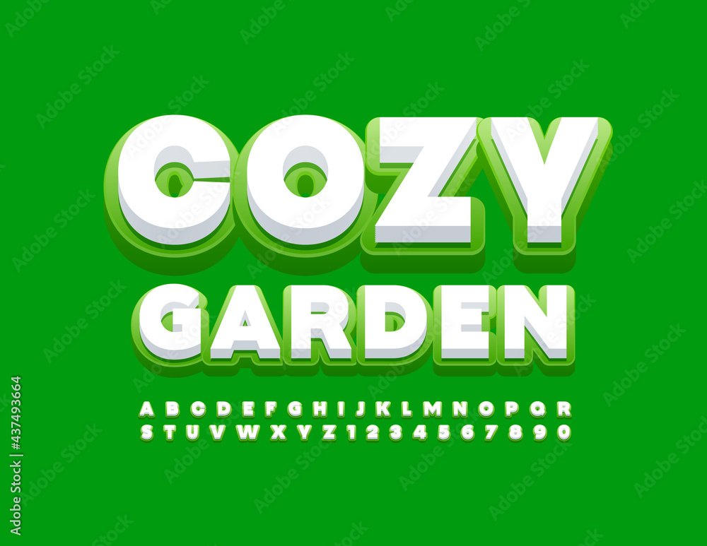 Vector natural emblem Cozy Garden with White and Green Font. Modern Alphabet Letters and Numbers Vector natural emblem Cozy Garden with White and Green Font. Modern Alphabet Letters and Numbers