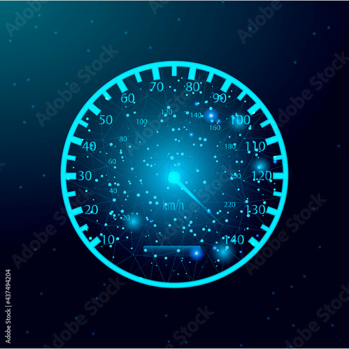 Car speedometer isolated on dark blue background. Abstract low poly wireframe style. Stock vector illustration.