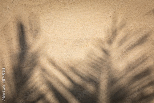 Top view, sand texture with the shadow of palm tree, Summer vacation travel holiday background concept.