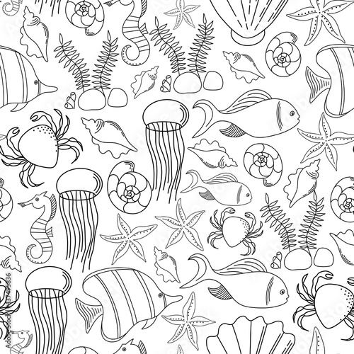 Hand drawn underwater natural elements. Seamless pattern with reef corals. Sea bottom monochrome texture. Vector sketch. Ocean vector seamless pattern.