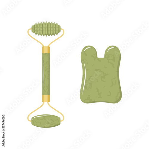 Gua sha scraper and jade roller for facial massage. Collection of different shape natural green nephrite stones. Skin care concept. Vector illustration in flat cartoon style.
