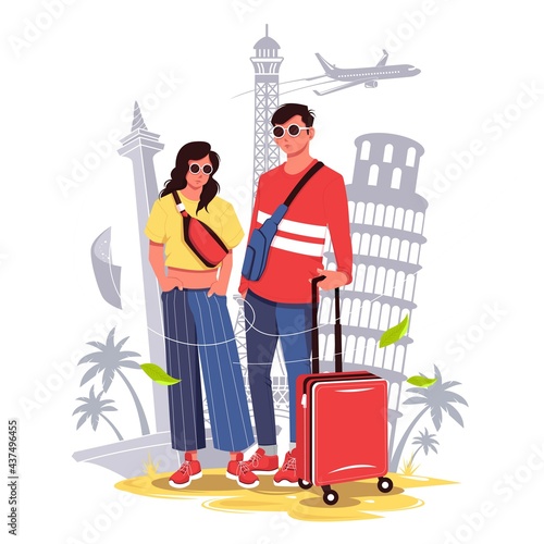 tourist couples ready for vacation vector illustration